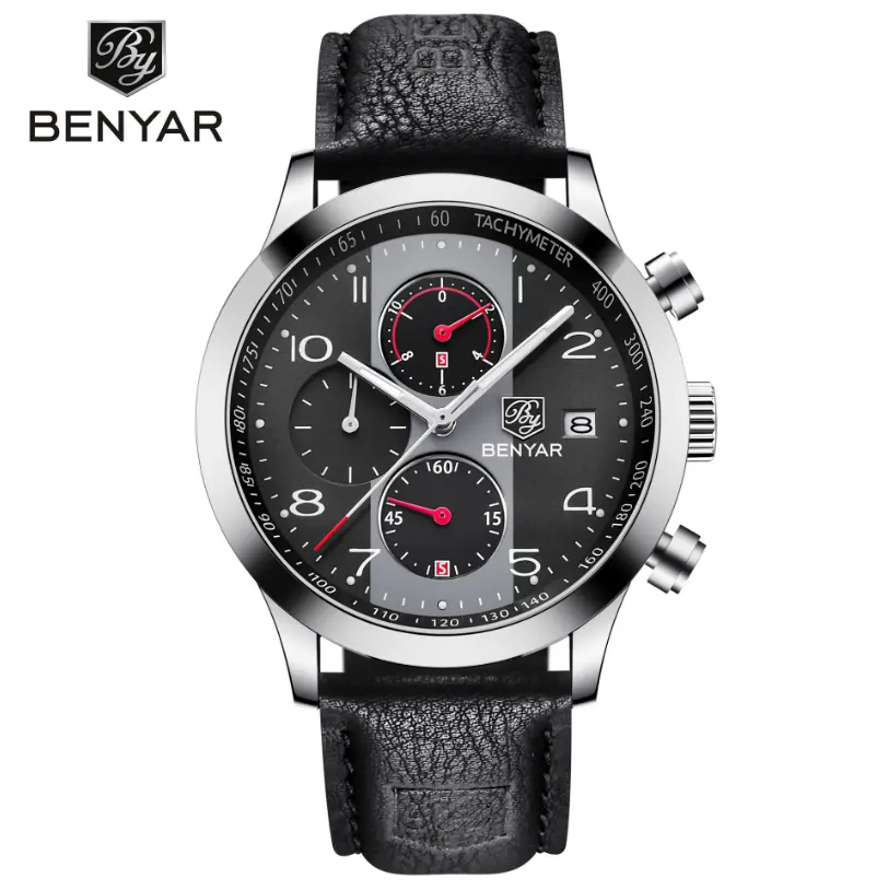Benyar 5133 montres de Sport bleu Cool pour hommes Quartz 3atm étanche chronographe multifonction Long bracelet en cuir