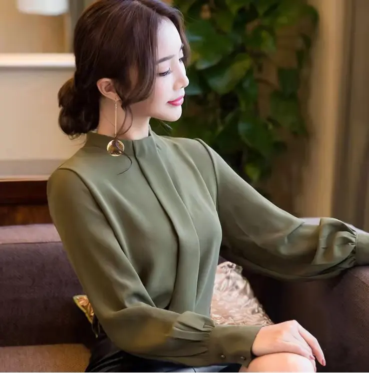 D7530 blusa de chiffon para mulheres, grande, tamanho grande, feminina, de alta qualidade, respirável, de manga comprida, para escritório, formal, solta