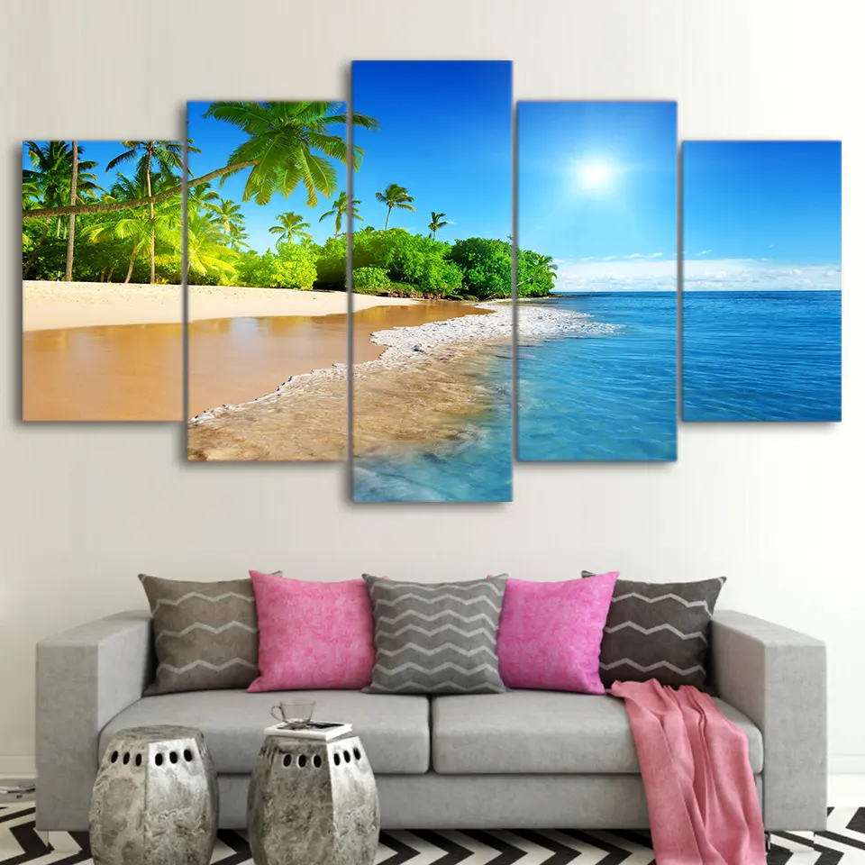 Wall Art Decor Living Room 5 Pieces Sea Water Palm Trees Sunshine Seascape Modular Paintings Canvas Pictures HD Prints