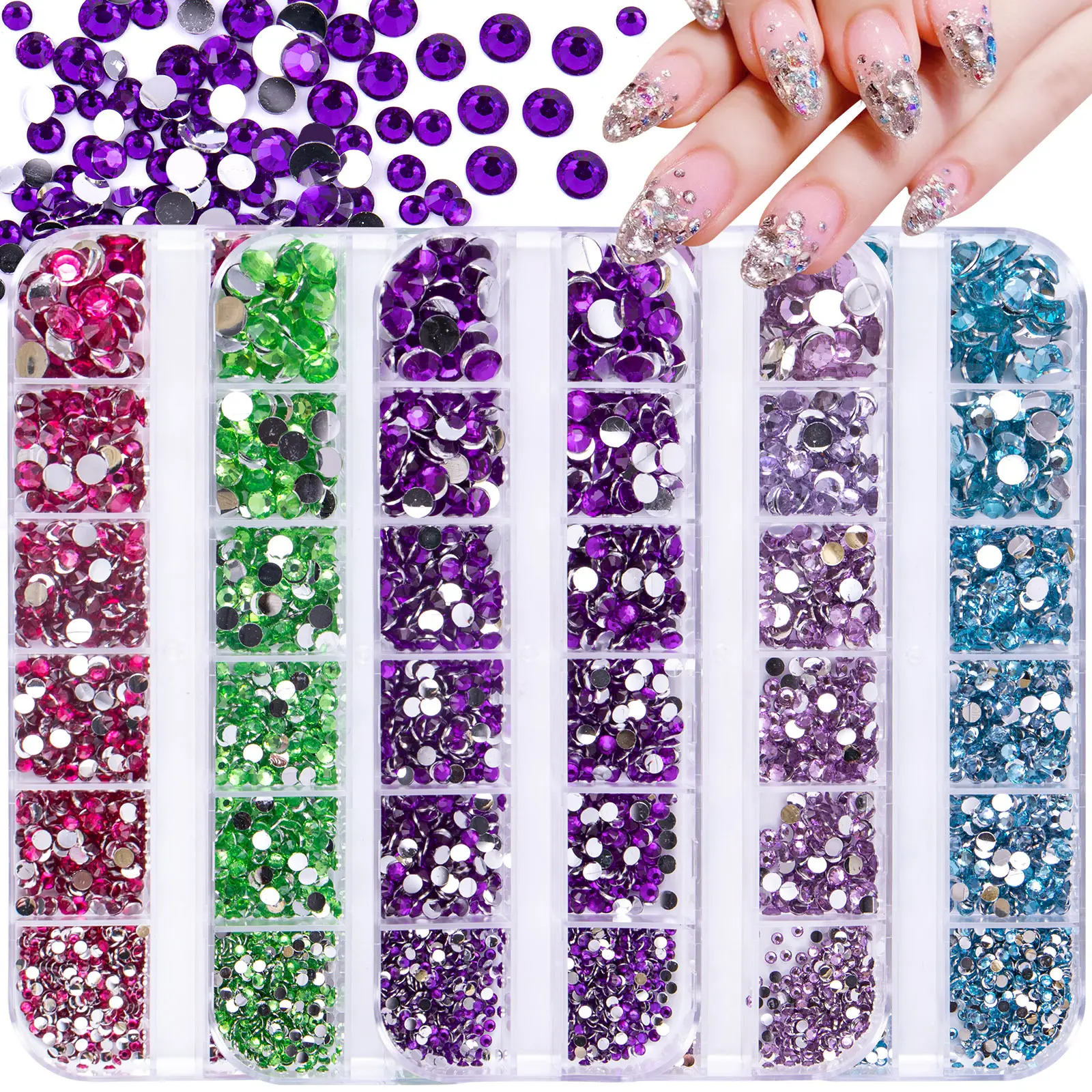 Bijoux en résine 12 grilles explosives pour ongles en diamant fond argenté mixte couleur unie acrylique fond plat diamant d'art pour ongles strass