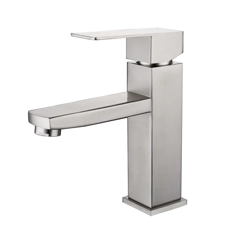 Good Quality Single Handle Stainless Steel Brushed Nickle Mixer Square Lavatory Bathroom Wash Basin Faucet Tap