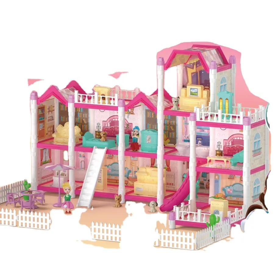 Casa de bonecas com desenho novo, mobília ideal para meninas, mini-villa de 2024, conjunto de brinquedos de flores e jardim, 11 quartos, 2 princesas, ideal para o verão de 2024.