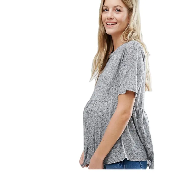 Ky mujeres al por mayor llanura diseño manga corta cuello maternidad plisados cintura Jersey blusa