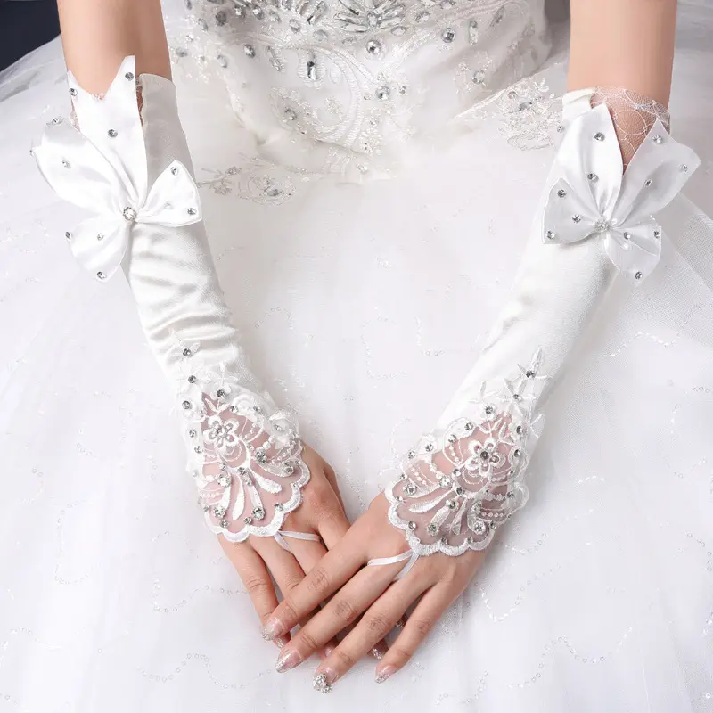 Gants de mariée de mariage fingrrless blanc de mariage gants satin dentelle crochet doigt petite fleur arc de mariage sans doigts mariée gants