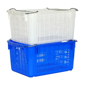 Caixa ventilada plástica para colheita, ninho de pilha, cesta de malha para transporte de frutas e vegetais, com alça de metal