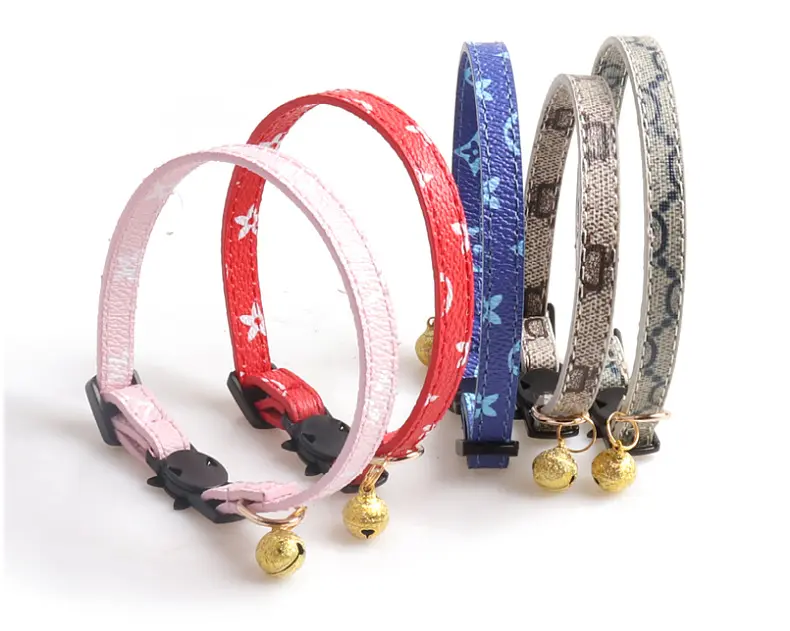 Printable luxury leather cat collar with bell pet collars leads high quality factory supplier wholesale