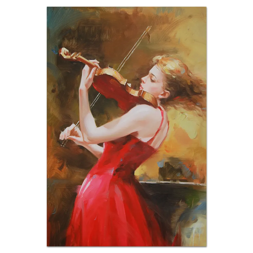 Bela mulher retrato elegante jovem menina jogar violino lona artesanal pintura a óleo