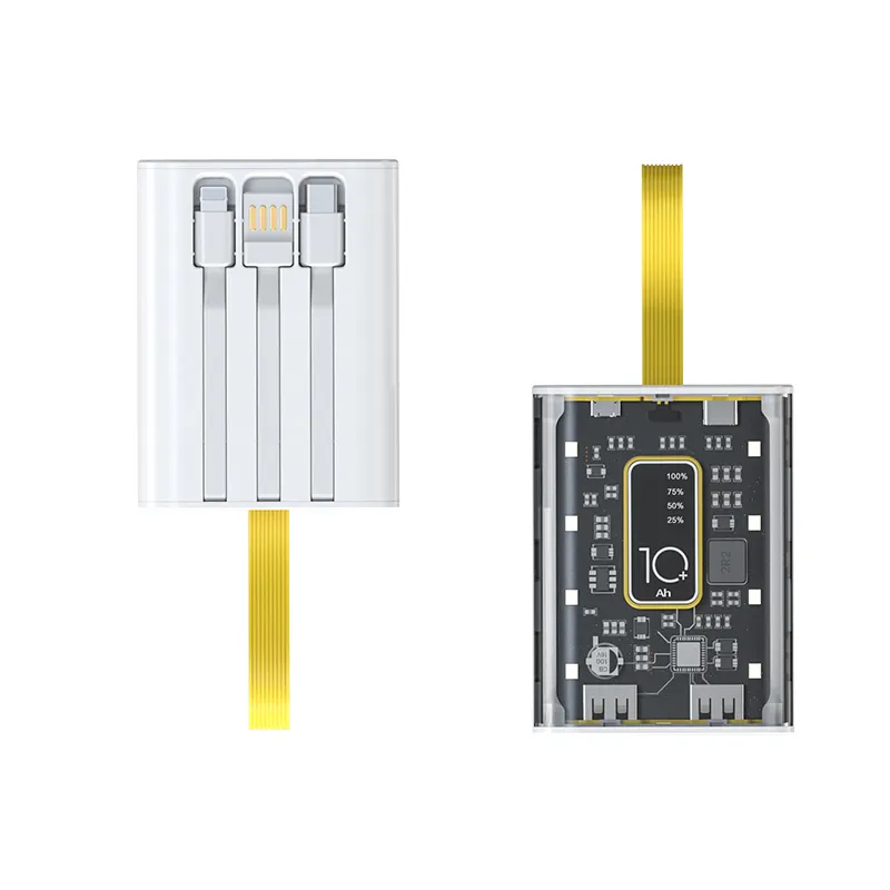 Prezzo di fabbrica alimentatore Mobile trasparente portatile da 10000Mah con cavi batteria di ricambio esterna banca di alimentazione Multi uscita