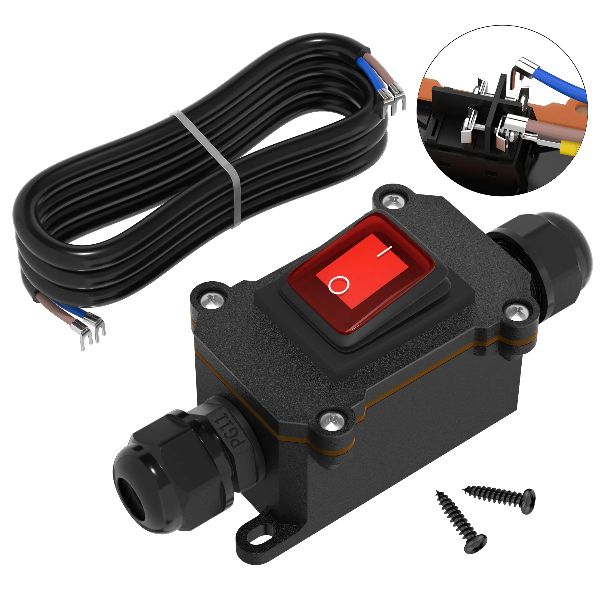 70X40X40MM 30Amp Rocker Switch Led DPST Outdoor Electrical Switch 4Pin Waterproof Inline Switch With 120CM Wires
