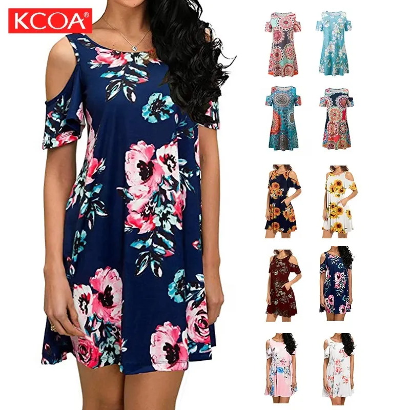 Low MOQ Trending Floral Off Shoulder Loose Waist Knee Length Cheap Casual Women Dress