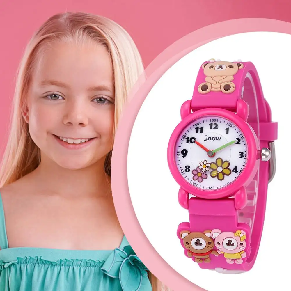 Fashion Two Bear Pictures Rose Red Cartoon Waterproof Watch For Kids