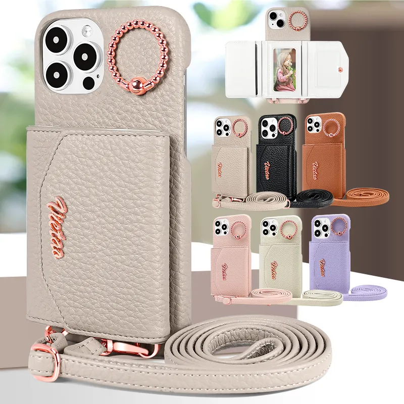 Vietao Pebble da thẻ Wallet trường hợp điện thoại với Finger Ring cho Iphone 15 cộng với PU Leather Purse điện thoại di động bìa với dây đeo