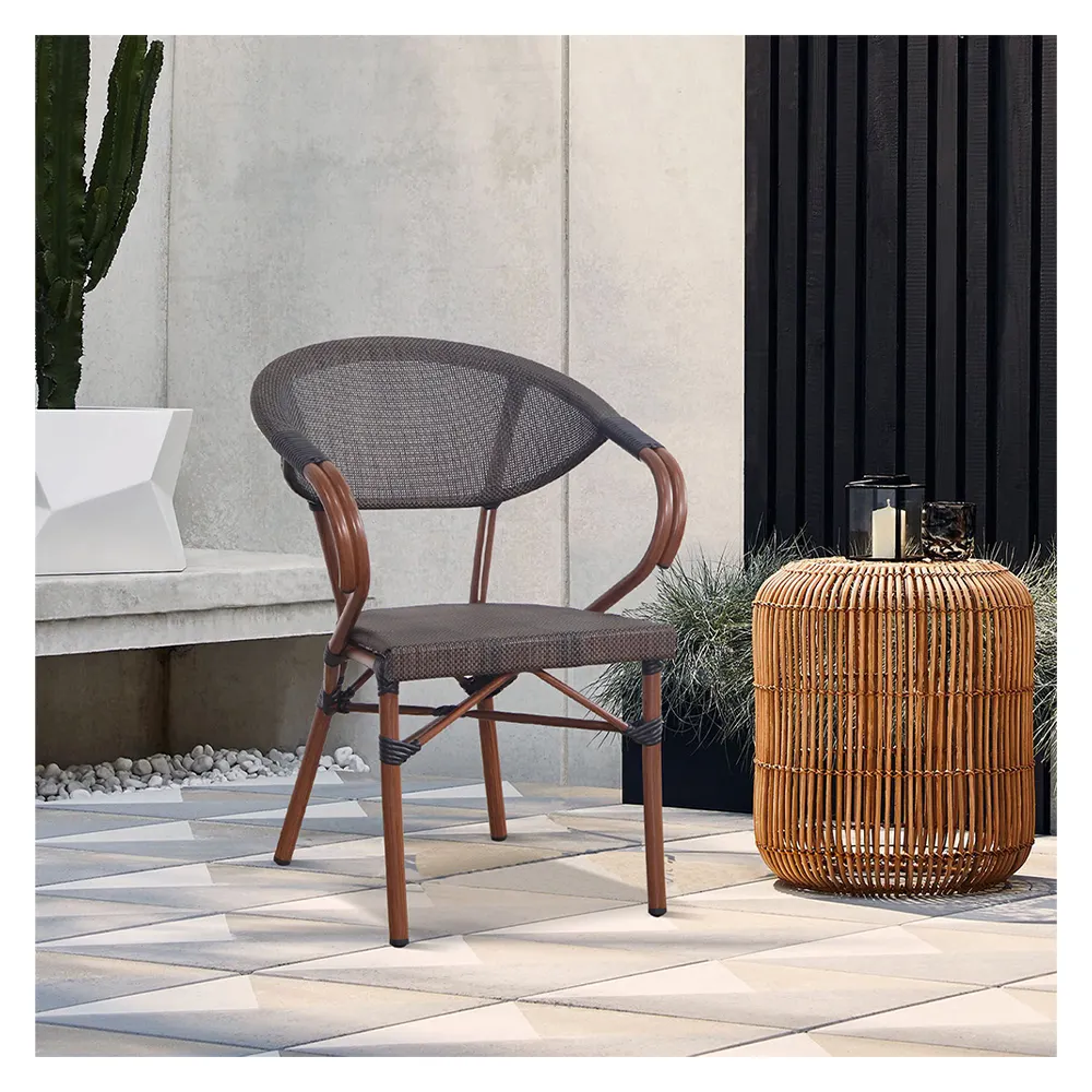 Fábrica de Foshan muebles de exterior franceses clásicos silla de mimbre de bambú para exteriores estilo Silla de comedor Bistro apilable