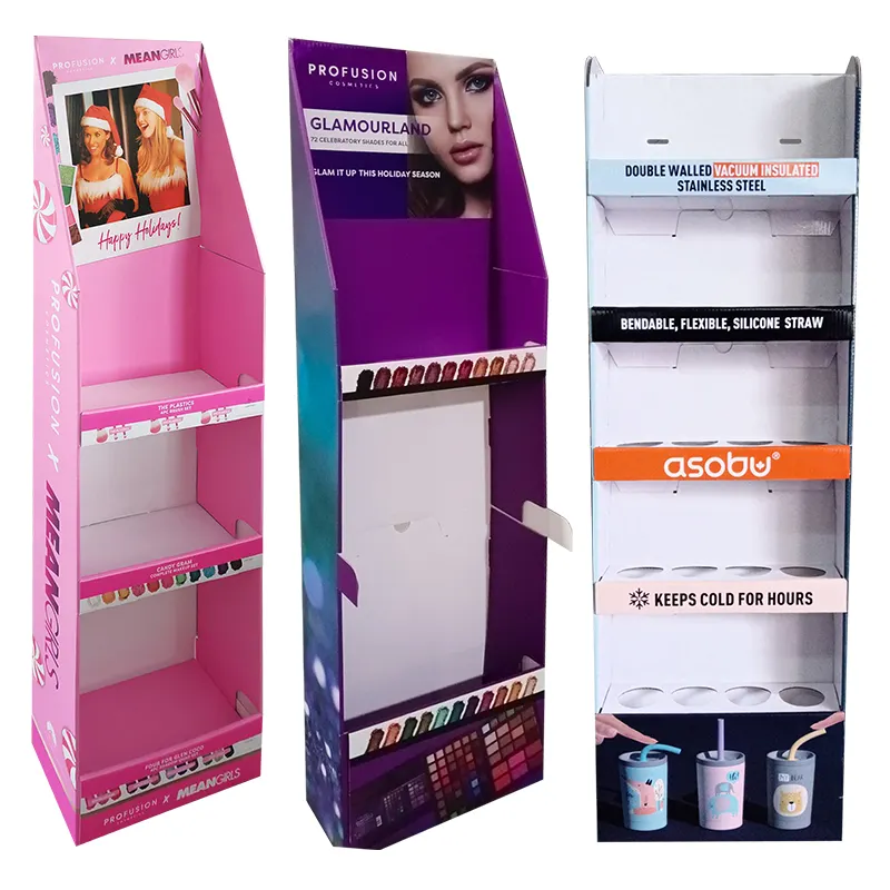 2021 supermarket promotion food/lip gloss cardboard display stand and department store black/pink display racks
