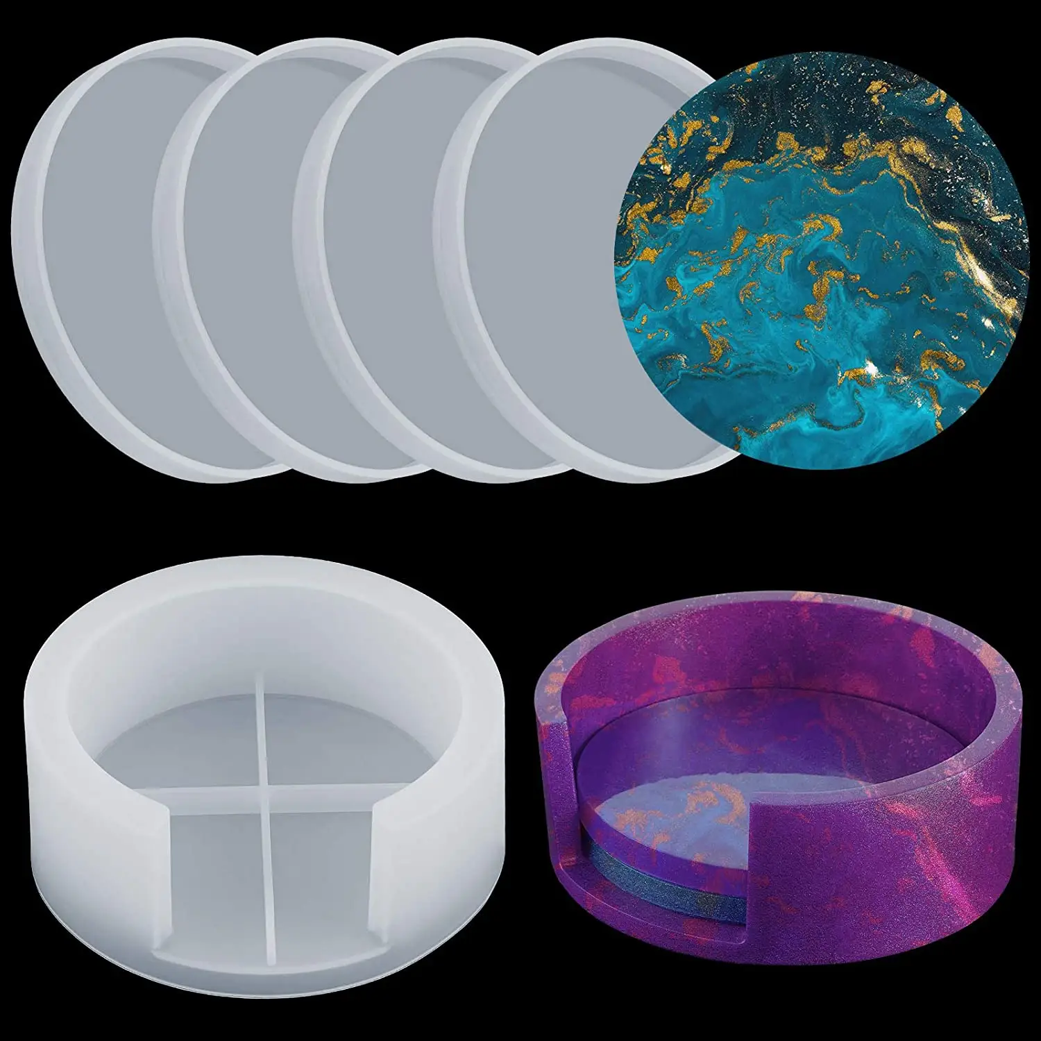 5 pièces sous-verre résine moules ensemble Silicone boîte de rangement moule en Rectangle rond époxy molde silicium para resina