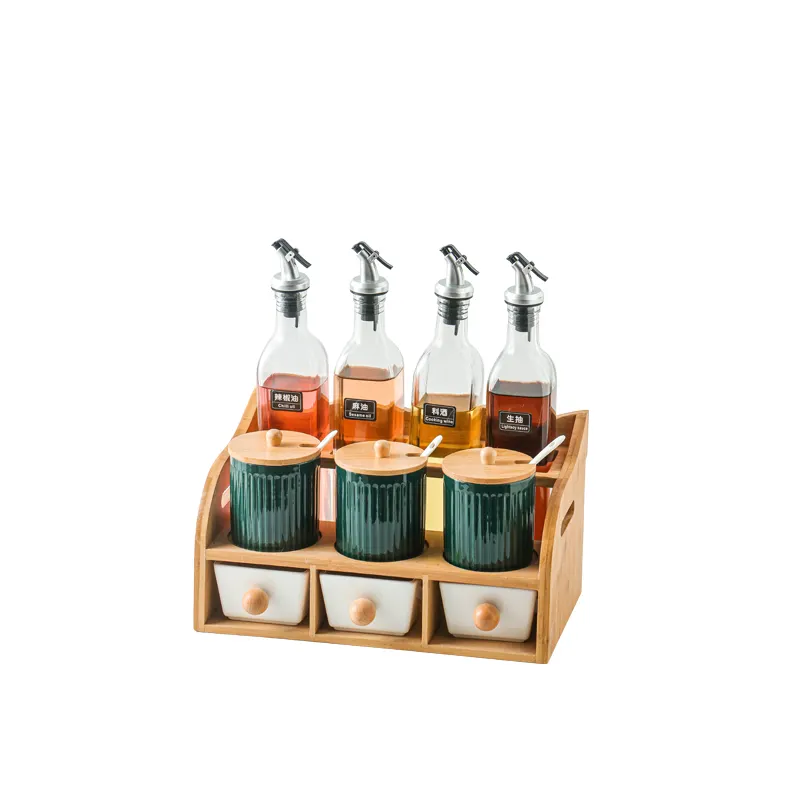 Novità 10pcs di vetro dispenser olio aceto da cucina condimento vaso di ceramica contenitore di spezie set con supporto in legno