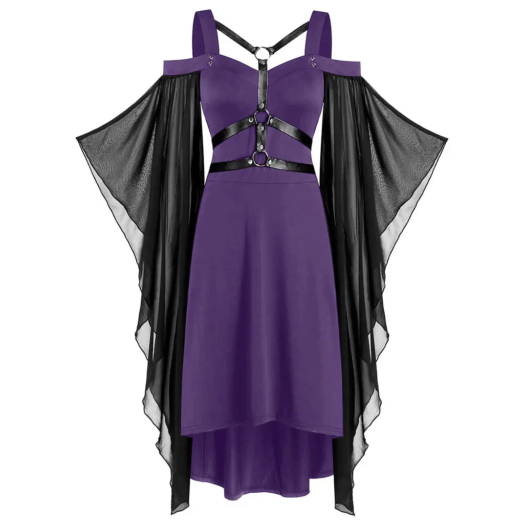 Kostum Cosplay Penyihir Halloween Wanita, Pakaian Pesta Gaun Panjang A-line Tipis Bertali Bahu Gotik