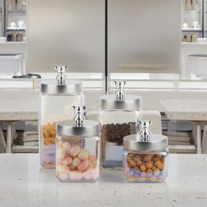 800ml 1250ml 1650ml 2100ml square Glass Jar with Stainless Steel Lid with <strong>Bear</strong> Decoration on Lid - Product Image 6