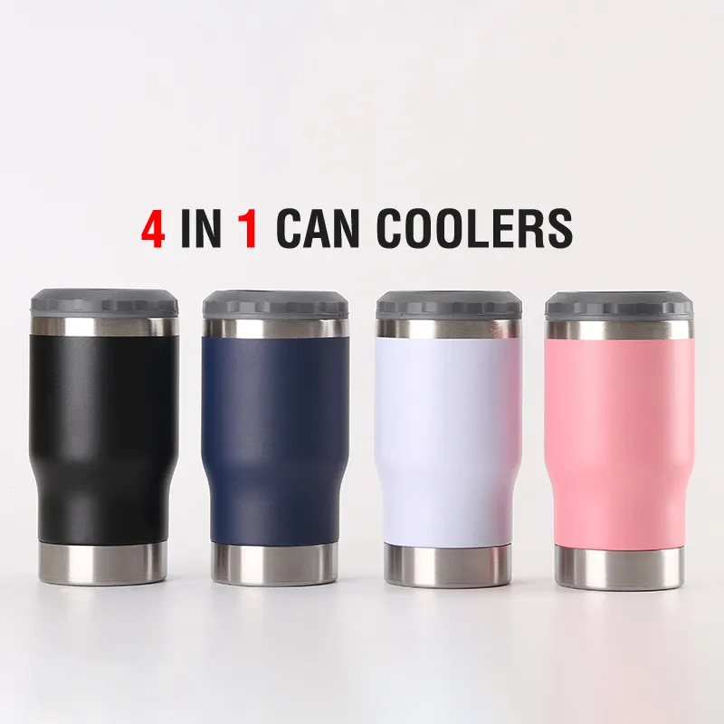 4 in 1 Insulated Slim Can Cooler 12 OZ Cans and Beer Coozies Stainless steel 14oz Can Holder Double Walled with Opener Corkscrew