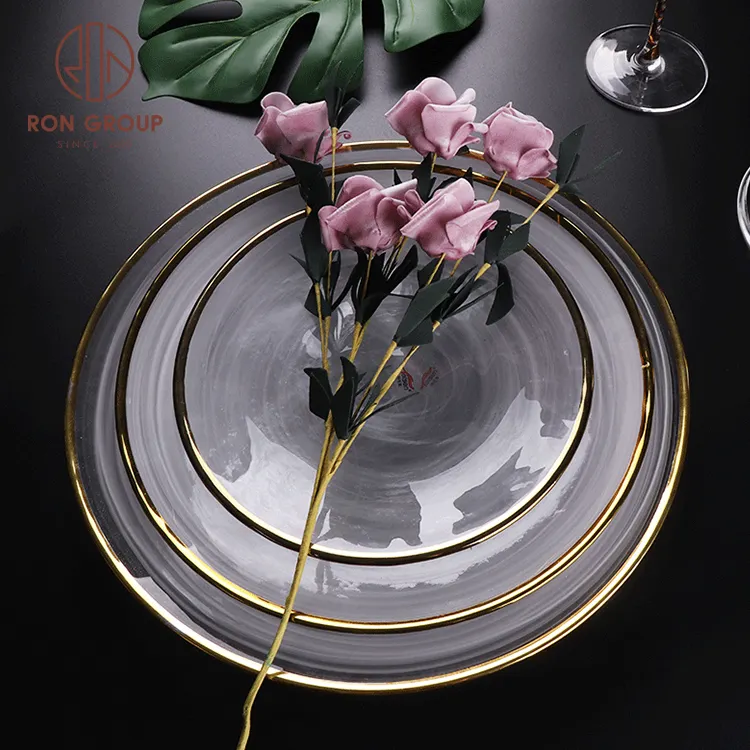 Vaisselle décorative claire, plaques de chargeur en verre doré Transparent Offre Spéciale, petite assiette ronde de mariage, plat personnalisé