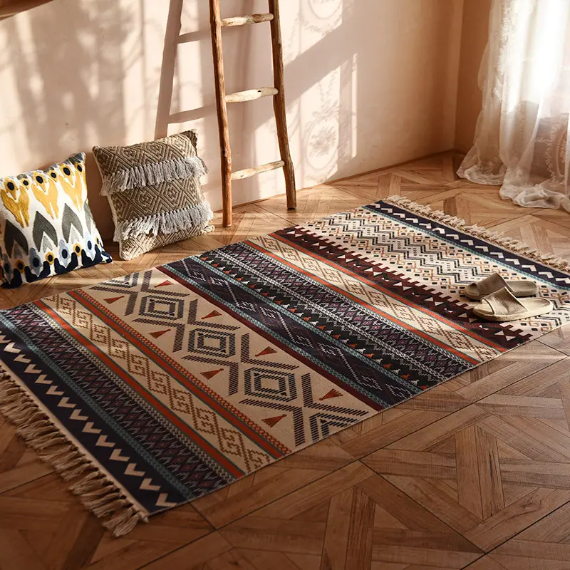 Tappetino stampato geometrico retrò personalizzato tappeti e tappeti Boho tappeti per soggiorno tappeto fatto a mano con nappe