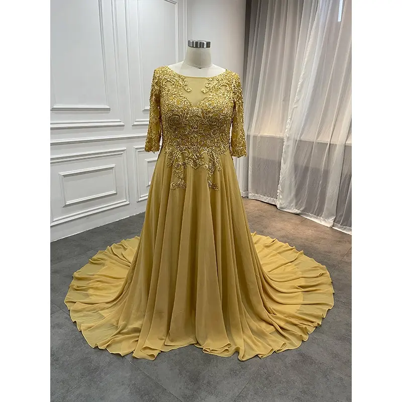 Atacado elegante renda aplique champanhe chiffon mãe da noiva vestidos para o casamento