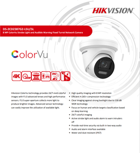 Hikvision 8 MP ColorVu DS-2CD2387G2-LSU/SL(C) ストロボライトおよび可聴警告固定タレットネットワークカメラH.265 + 双方向オーディオ - Product Image 4