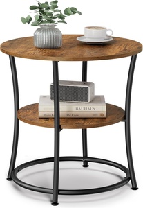 客厅茶几工业设计乡村棕色易组装边桌圆形茶几带2个搁板 - Product Image 3