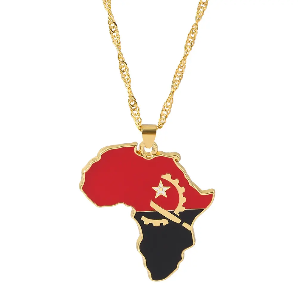 Collar con colgante de bandera con mapa africano popular al por mayor, collar con mapa de Angola de acero inoxidable de Color dorado, bandera con su logotipo