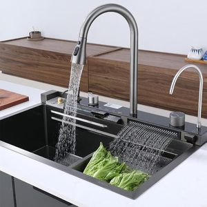 2024 popüler büyük tek Slot İşlevli lavabo Anti-Scratch LED dijital ekran 304 paslanmaz çelik şelale mutfak lavaboları - Product Image 4