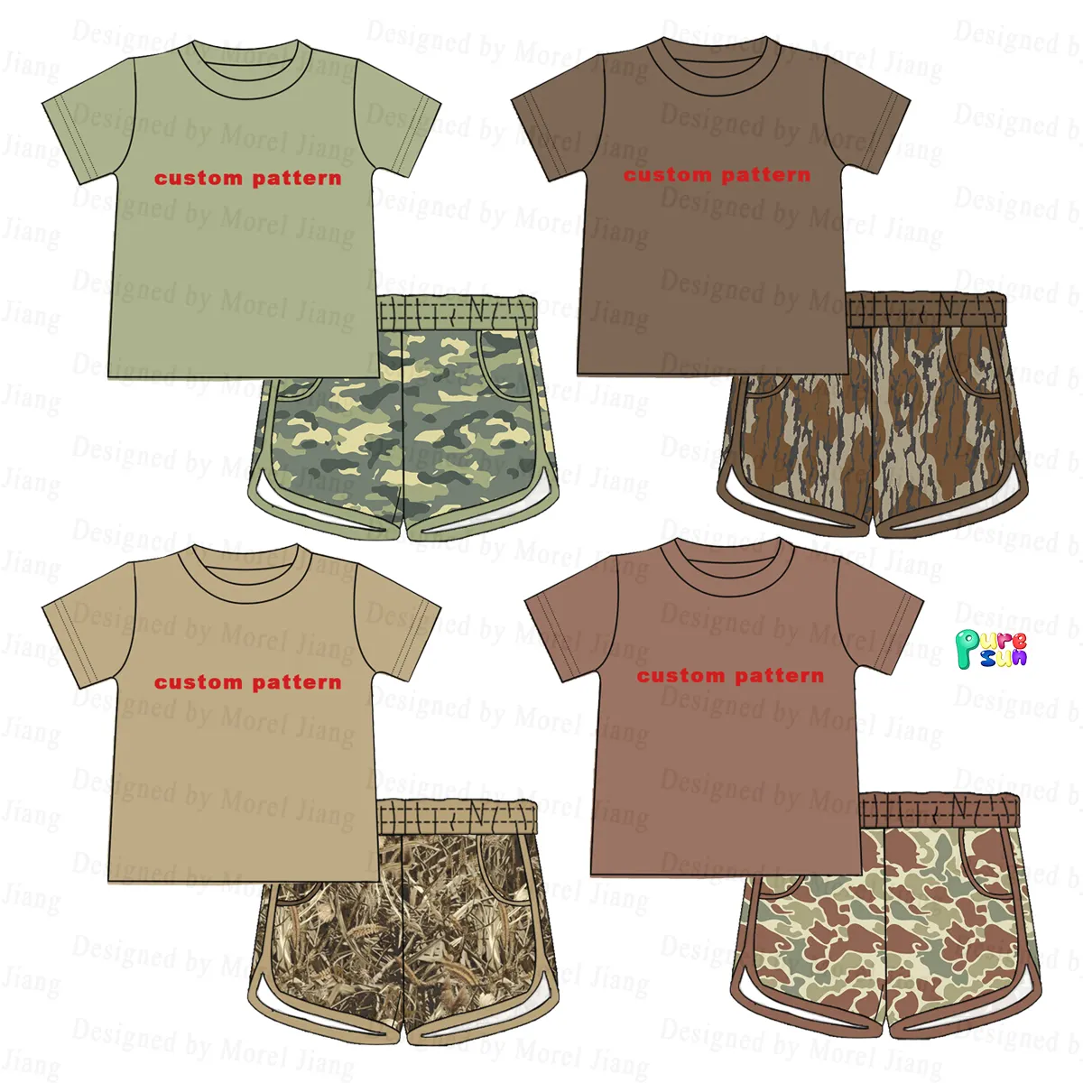 Puresun popular conjunto de roupas para meninos de criança por atacado, camiseta com shorts de padrão personalizado e mangas curtas