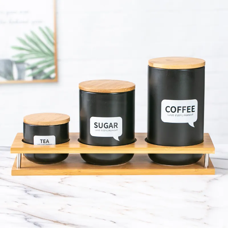Factory wholesale coffee sugar tea design candle jars set white ceramic jars canister with wooden lids