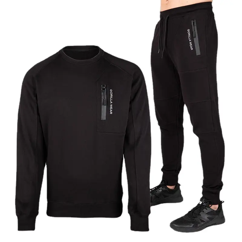 Özel Logo Jogger seti erkekler Crewneck pamuk kazak ve koşu pantolon artı boyutu Activewear rahat spor erkek eşofman