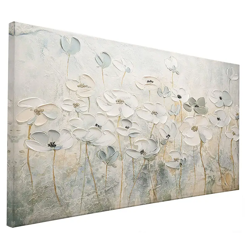 EAGLEGIFTS-Cuadro de flores blancas modernas hecho a mano, arte de pared para decoración del hogar, cuadro de madera, pintura al óleo