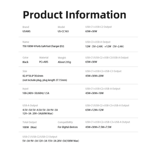 USAMS CC163 <strong>All</strong> Mobile Phone EU Plug Fast Charging 4 Ports Multi Ports 100W High Power USB-C GaN <strong>Charger</strong> <strong>All</strong> Adapter <strong>Charger</strong> - Product Image 5