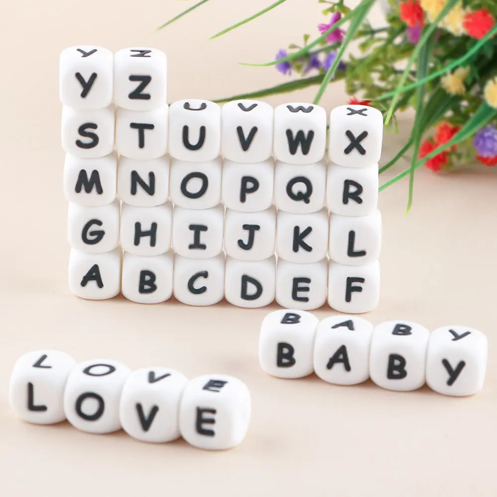 Products12mm sans Bpa bébé alphabet perle de qualité alimentaire doux bébé dentition mâcher Silicone lettre perles