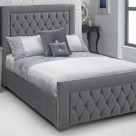Tela de terciopelo gris oscuro Diseño italiano Tapizado Tela de cama otomana Marco de cama Queen con cabecero copetudo y pie de cama para la venta