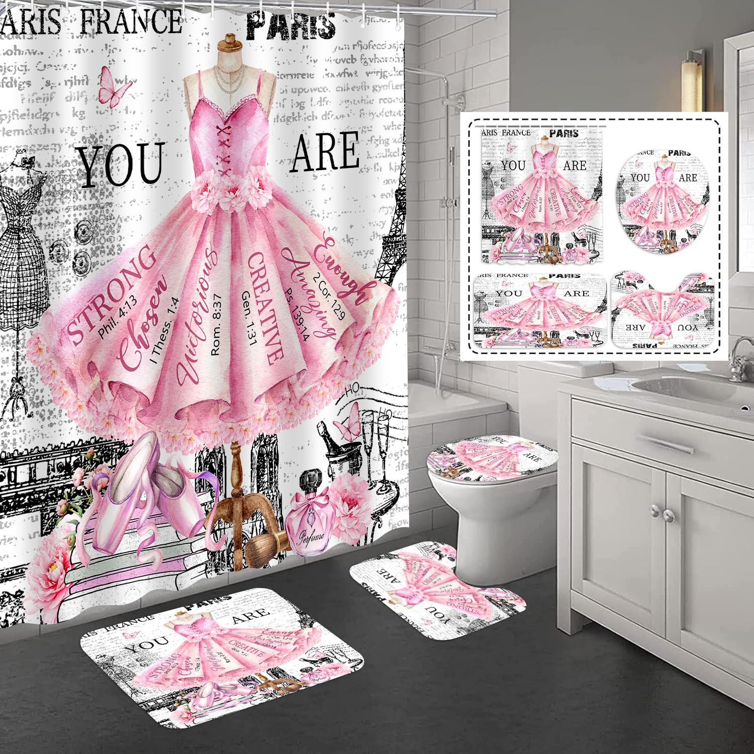 JY170 (12) Robe de bal rose et texte Paris