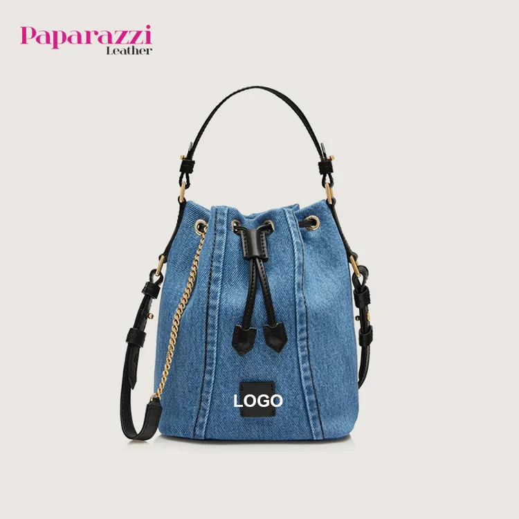 Bolso vaquero cruzado para mujer, bolso de cubo portátil PA0749, personalización de logotipo, bolso de cubo vaquero con cordón para mujer con correa