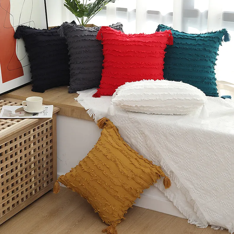 Almofada de algodão e linho com franjas para decoração de casa, fronha decorativa de 18x18 polegadas com borlas, travesseiros para sofá-cama