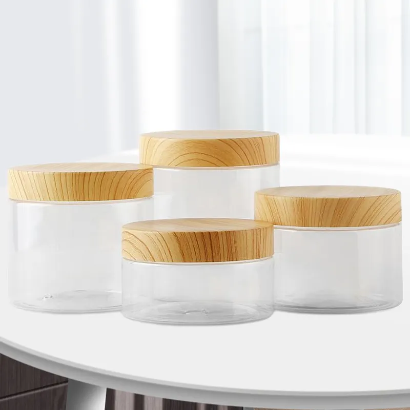 100ミリリットル/200ミリリットル/300ミリリットル/500ミリリットルPlastic JarとWooden Lids Screw Transparent Container Empty Cosmetic Face Cream Powder Pot Makeup Box