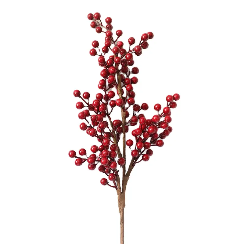 Decorativas artificiales espuma roja Berry de tallo largo hecho a mano de Navidad Berry rama de la flor de Navidad Artificial fruta baya