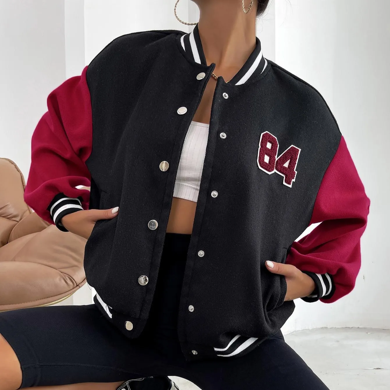 Chaqueta de estilo clásico Retro americano para otoño, chaqueta de béisbol lisa con letras de empalme