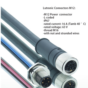 M12 Power Panel Mount Connectors:4/5 Poles Female, L-coded IP67, for Front Mounting, Thread with Nut and Stranded Wires 0.2m - Product Image 3