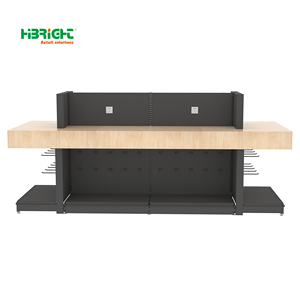 Hochleistungs-doppelseitige Supermarkt regale Mehr schicht iges Holz-und Metallic-Präsentation ständer mit <span class=keywords><strong>Display</strong></span> haken