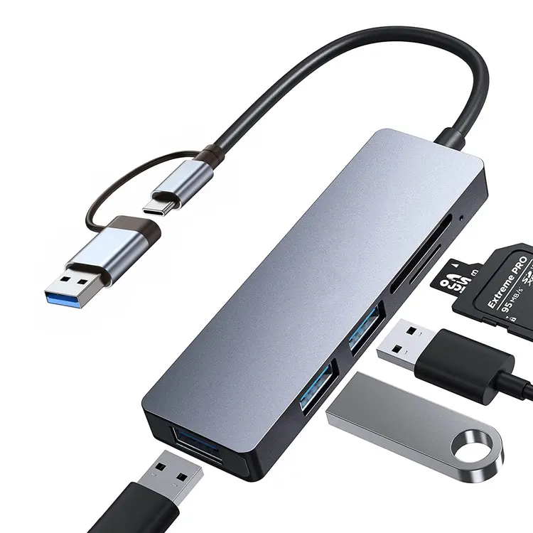 Adaptor Splitter Multiport paduan Aluminium, HUB 3.0 USB 5 In 1 dengan pembaca kartu port SD TF untuk Aksesori komputasi Laptop USB 3.0
