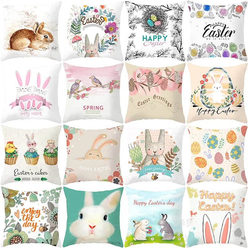 Pâques taie d'oreiller couverture joyeux oeufs de pâques lapin housse de coussin décoratif jeter taie d'oreiller S046