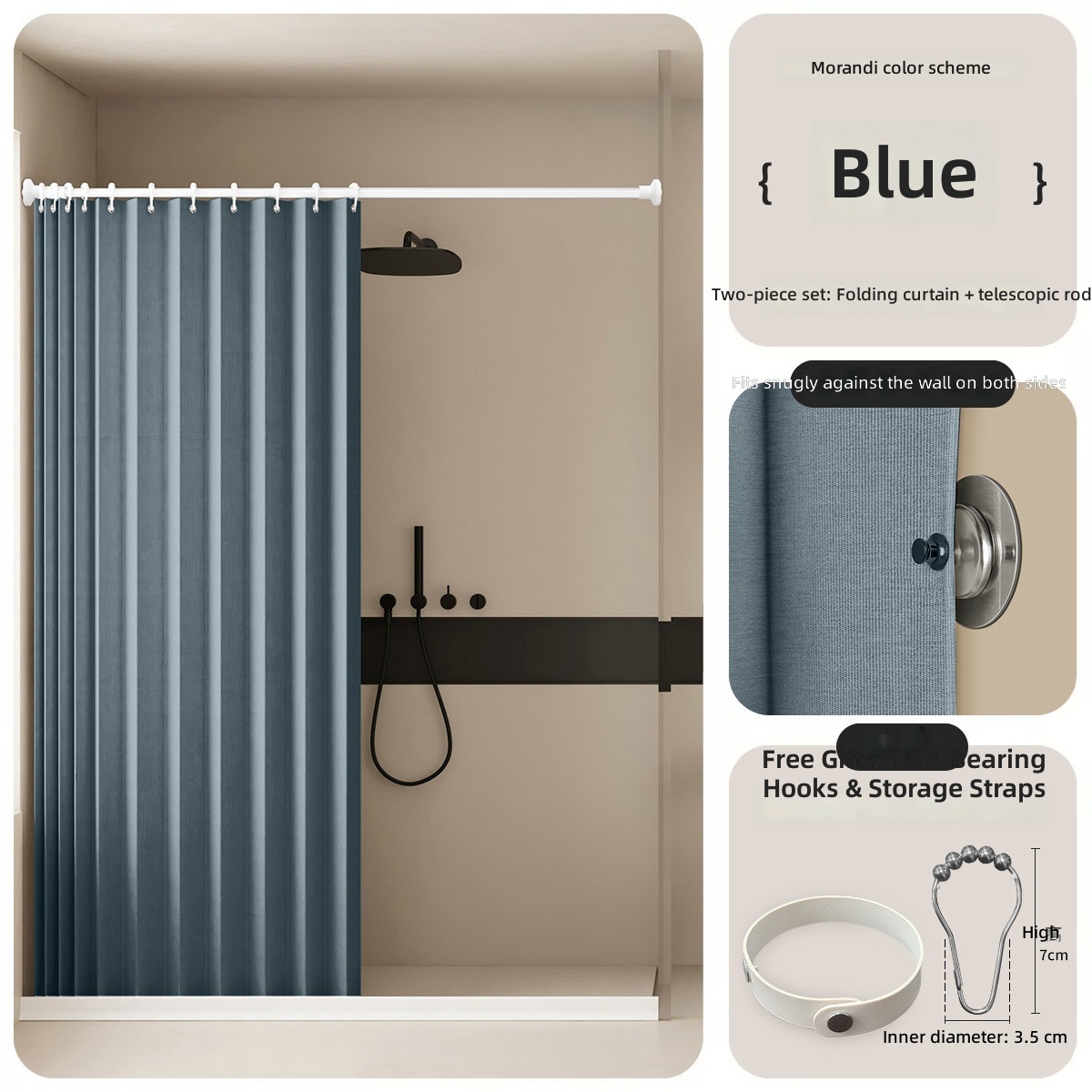 Rideau de douche pliant - Bleu (avec tringle de tension incluse)