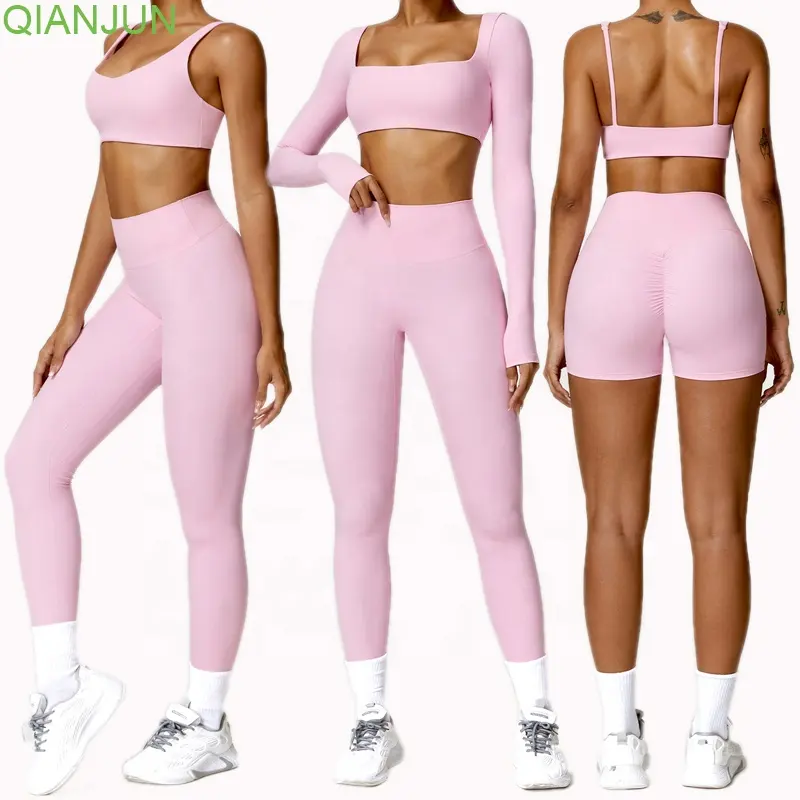 Ropa deportiva personalizada, conjuntos de Sujetador deportivo y mallas de Yoga, ropa deportiva para gimnasio, conjuntos de pantalones cortos de Yoga sin costuras para mujer