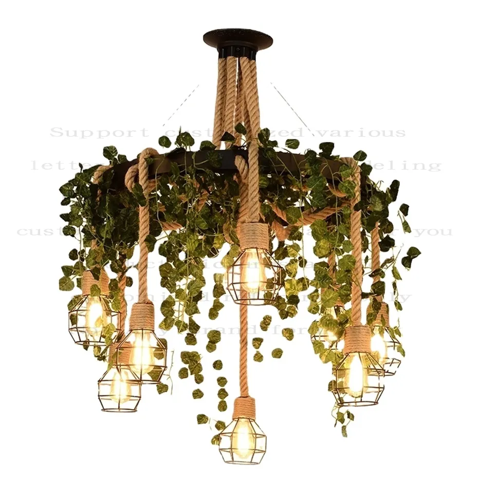 Lámpara colgante de planta industrial para restaurante y cocina, lámpara colgante de cuerda de cáñamo vintage de hierro para loft, candelabro de flores para boda